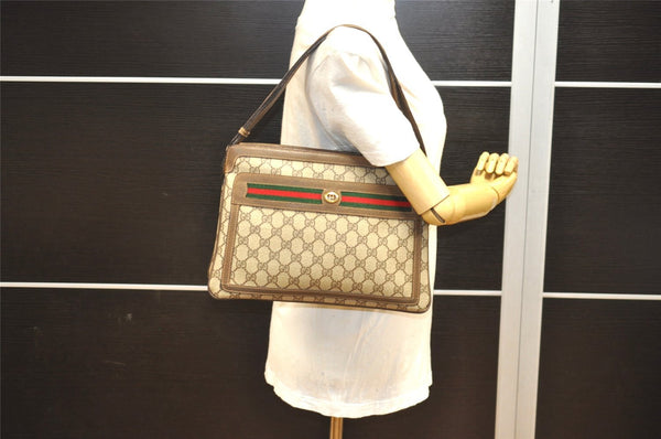 Authentic GUCCI Web Sherry Line Shoulder Bag GG PVC Leather Brown Junk 9241I