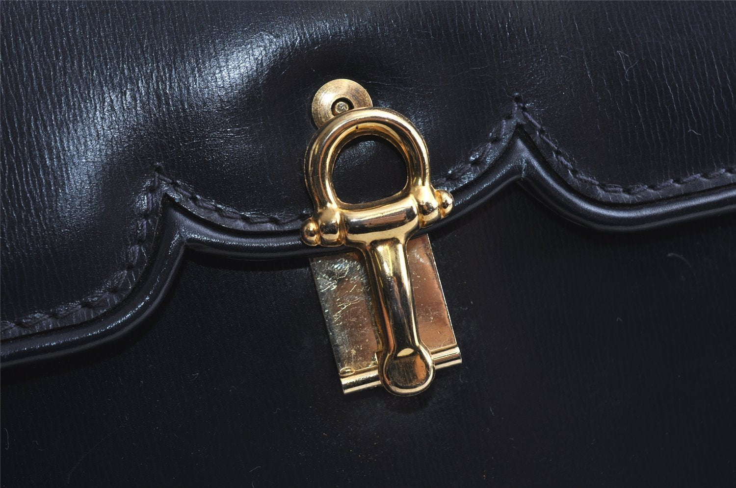 Authentic GUCCI Vintage Horsebit Shoulder Bag Purse Leather Navy 9243I