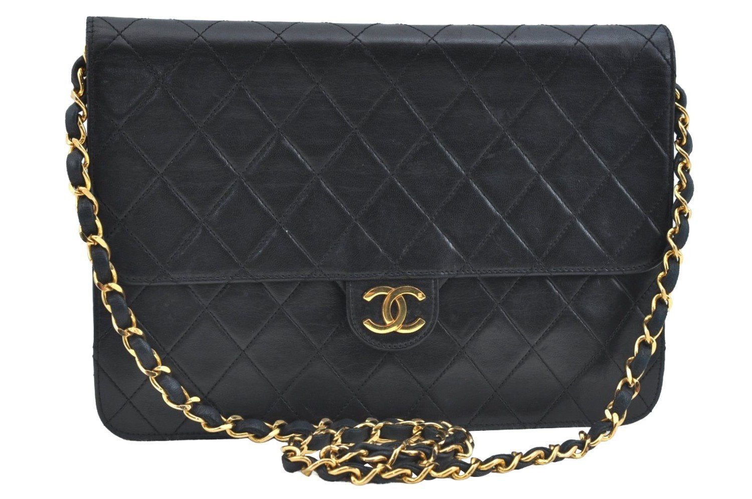 Authentic CHANEL Calf Skin Matelasse Chain Shoulder Bag Purse Black CC 9246F