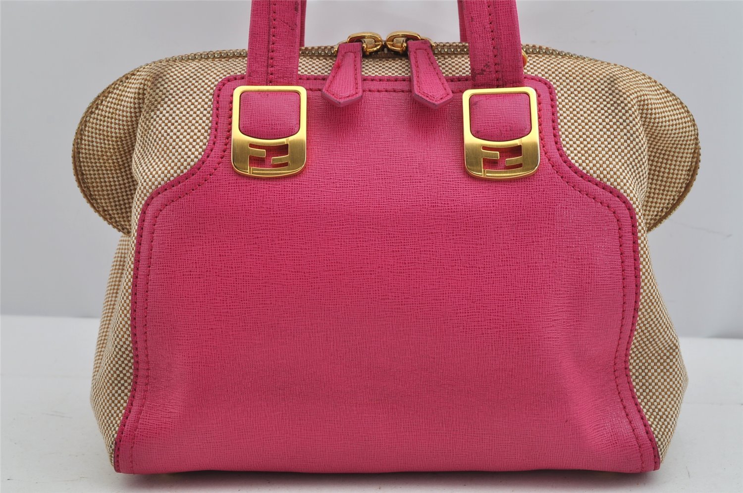 Authentic FENDI Chameleon 2Way Shoulder Hand Bag Canvas Leather Beige Pink 9246J