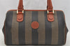 Authentic FENDI Pequin Hand Boston Bag Purse PVC Leather Brown Black 9249I