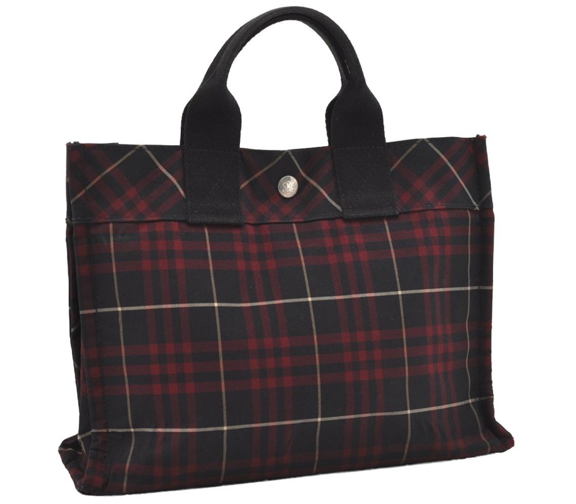 Authentic BURBERRY BLUE LABEL Check Hand Tote Bag Nylon Black Red 9250I