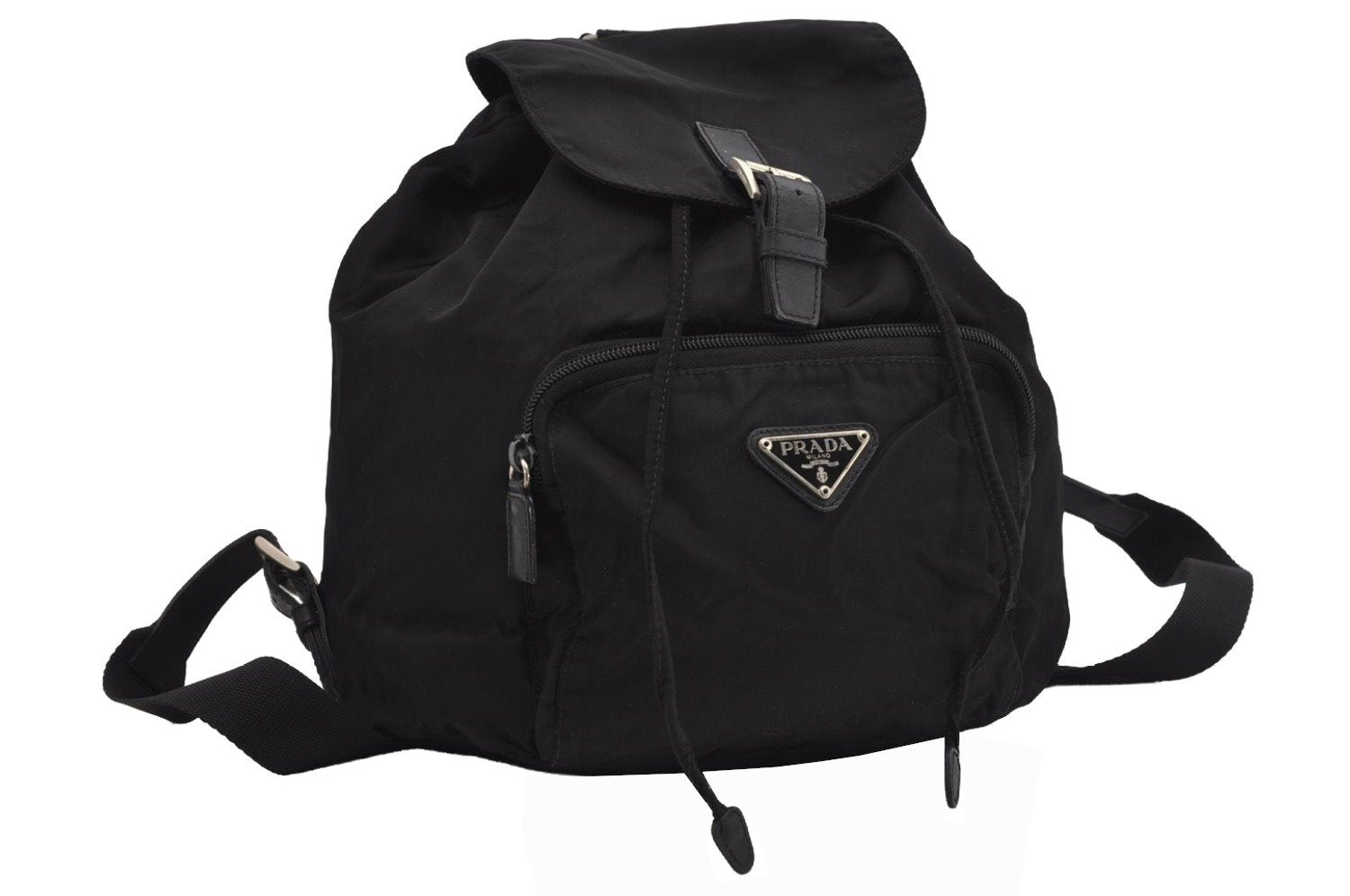 Authentic PRADA Vintage Nylon Tessuto Leather Drawstring Backpack Black 9253I