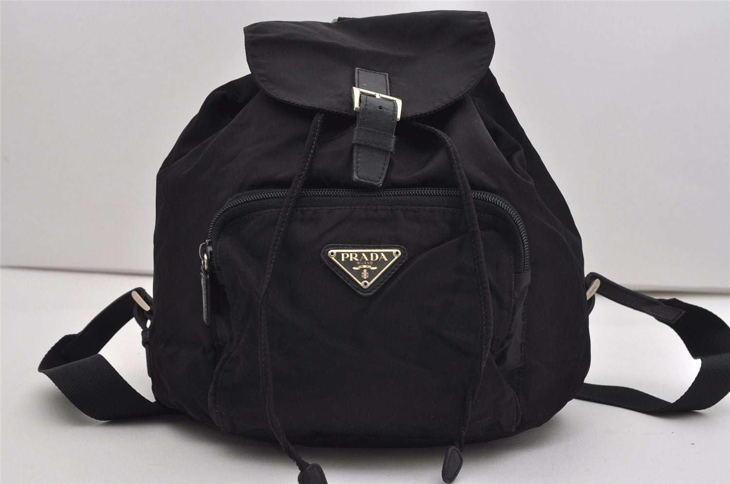 Authentic PRADA Vintage Nylon Tessuto Leather Drawstring Backpack Black 9253I