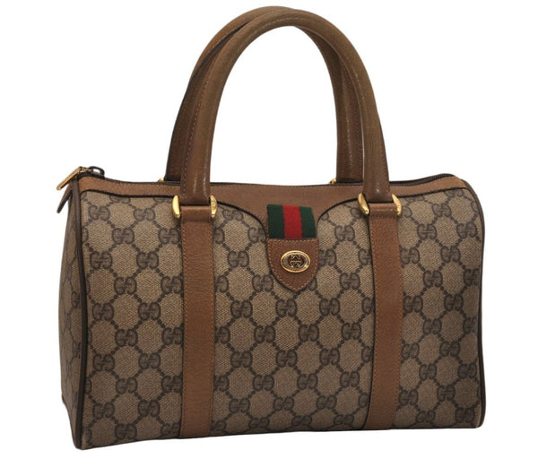 Authentic GUCCI Web Sherry Line Hand Boston Bag GG PVC Leather Brown Junk 9255J