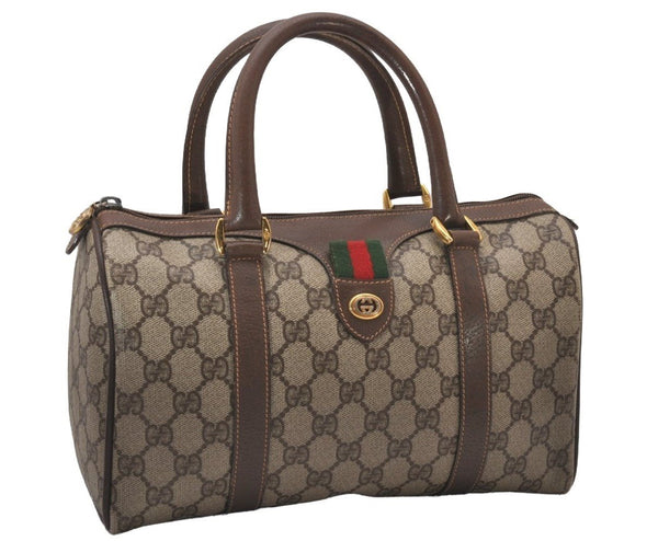 Authentic GUCCI Web Sherry Line Hand Boston Bag GG PVC Leather Brown 9256I