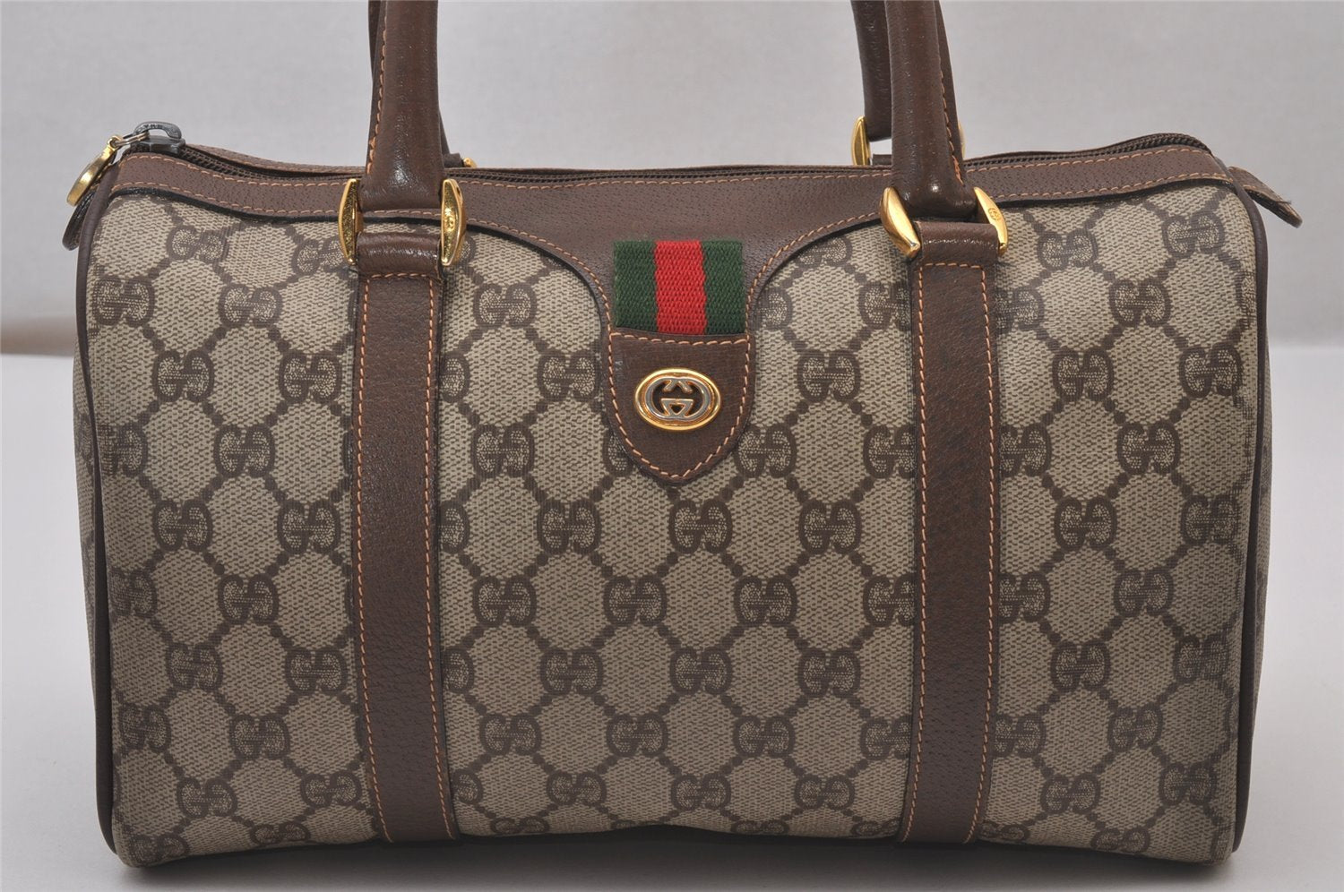 Authentic GUCCI Web Sherry Line Hand Boston Bag GG PVC Leather Brown 9256I
