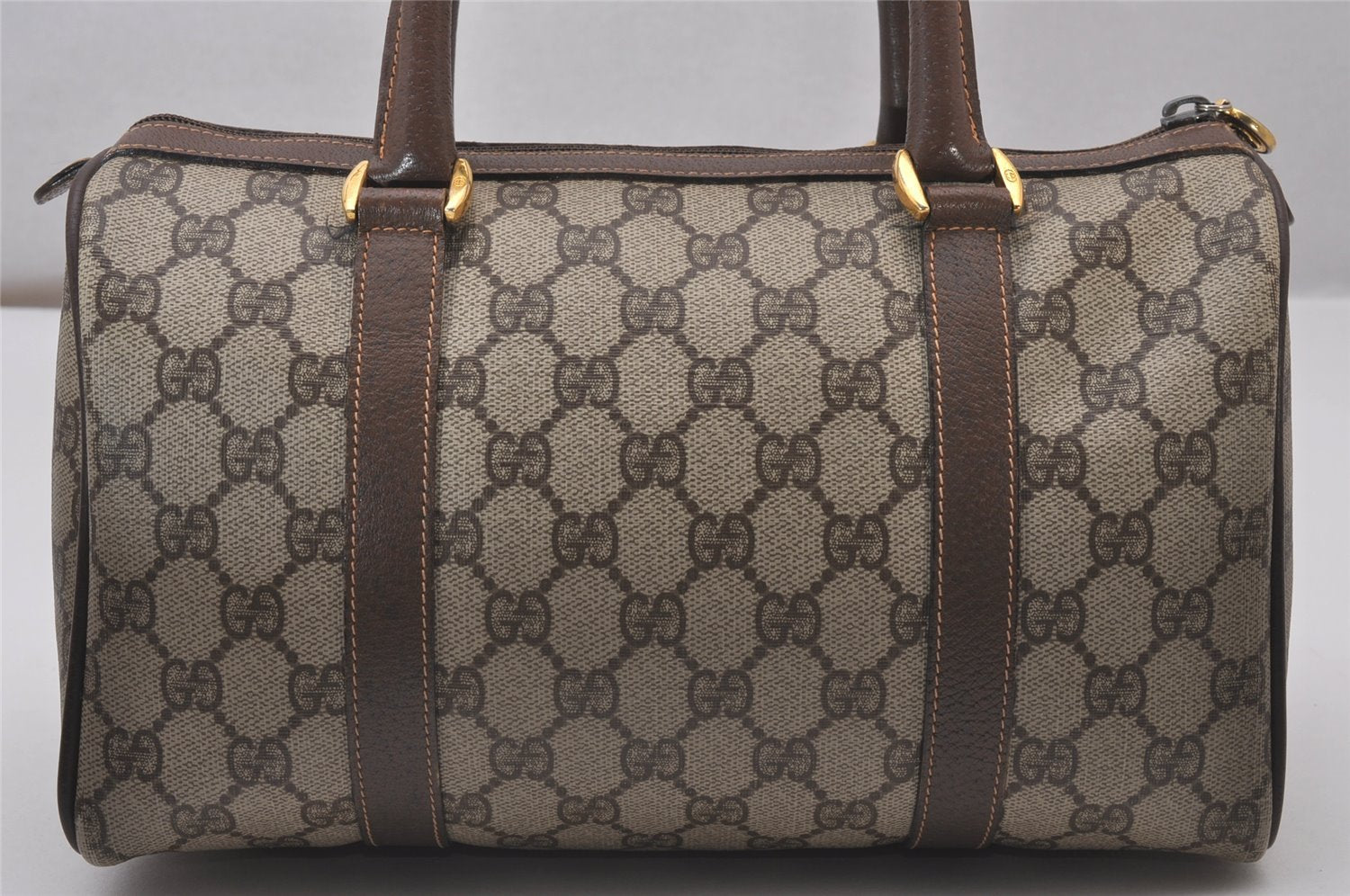 Authentic GUCCI Web Sherry Line Hand Boston Bag GG PVC Leather Brown 9256I