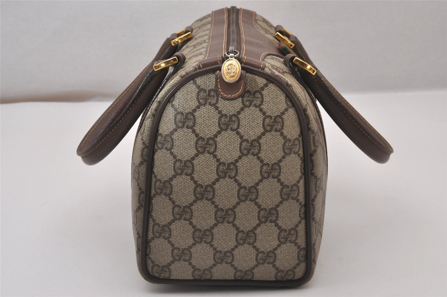 Authentic GUCCI Web Sherry Line Hand Boston Bag GG PVC Leather Brown 9256I