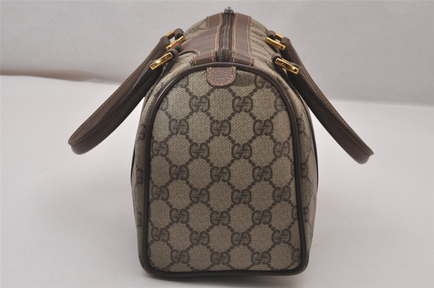 Authentic GUCCI Web Sherry Line Hand Boston Bag GG PVC Leather Brown 9256I
