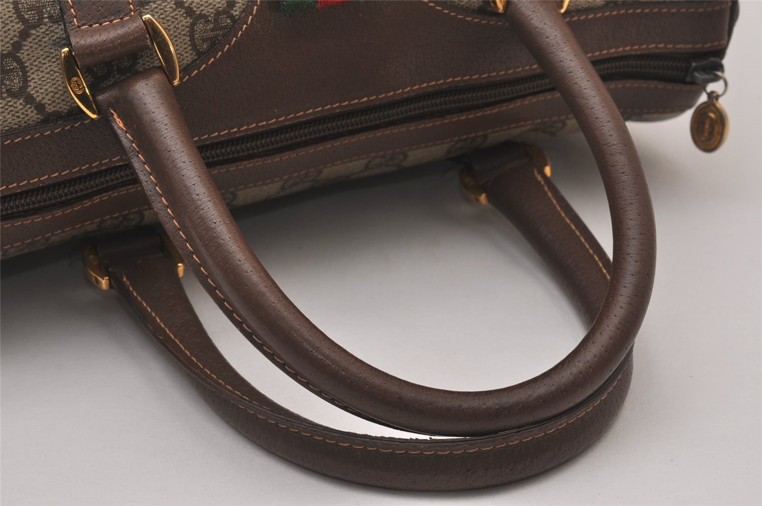 Authentic GUCCI Web Sherry Line Hand Boston Bag GG PVC Leather Brown 9256I