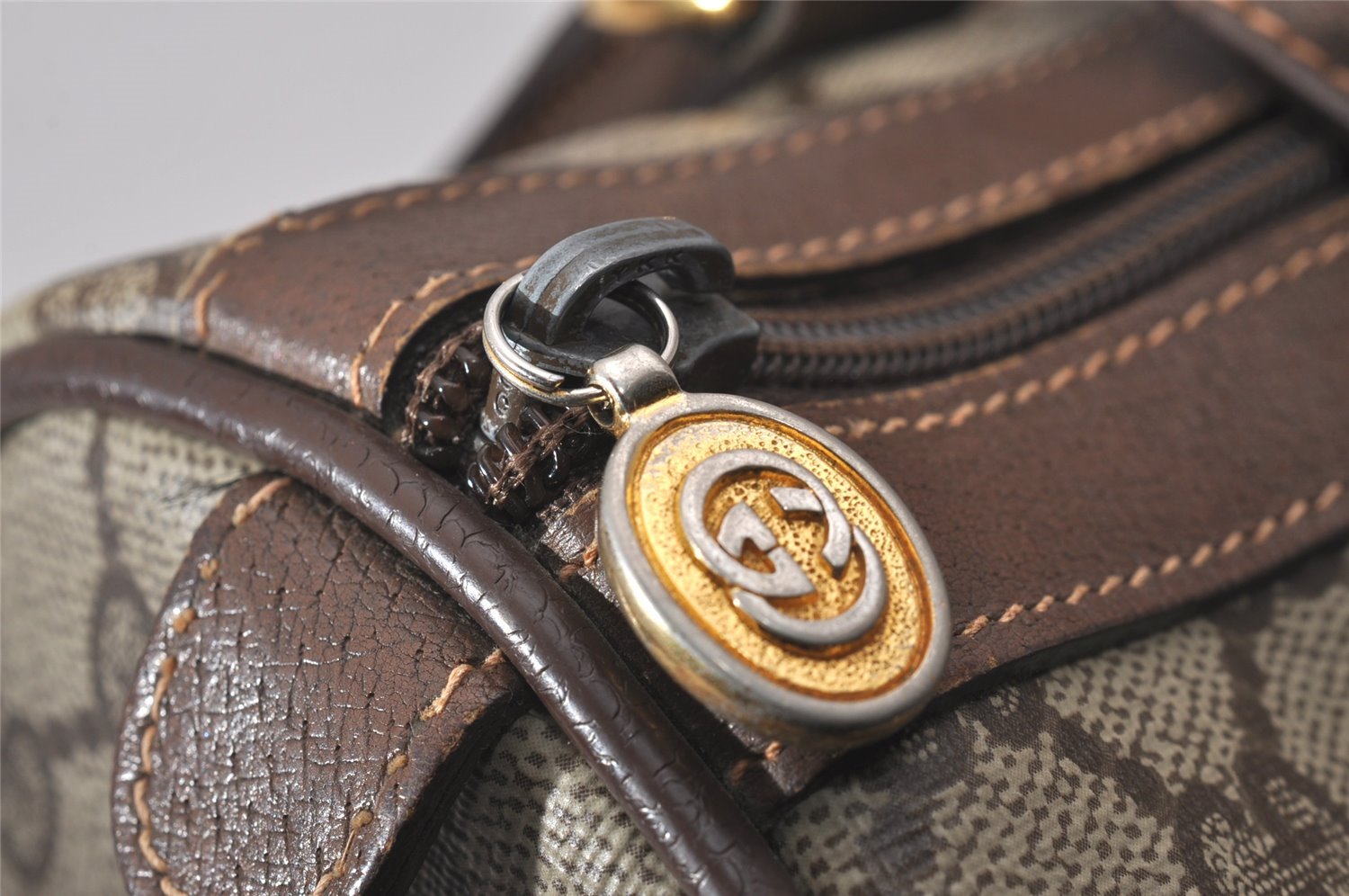 Authentic GUCCI Web Sherry Line Hand Boston Bag GG PVC Leather Brown 9256I