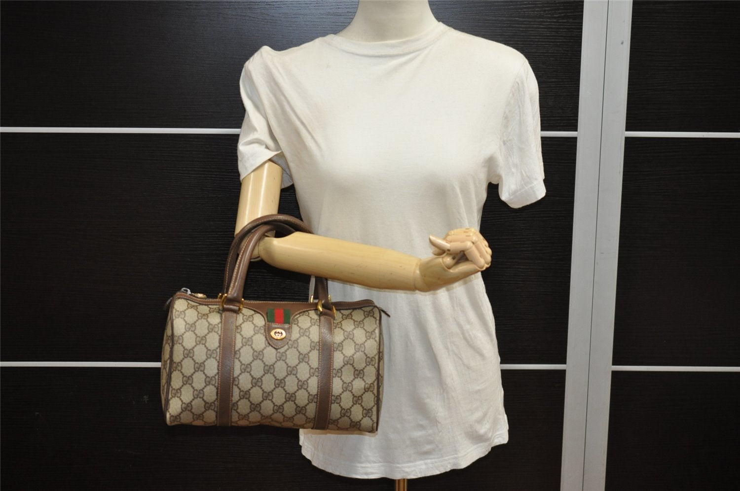 Authentic GUCCI Web Sherry Line Hand Boston Bag GG PVC Leather Brown 9256I