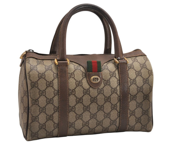 Authentic GUCCI Web Sherry Line Hand Boston Bag Purse GG PVC Leather Brown 9256J