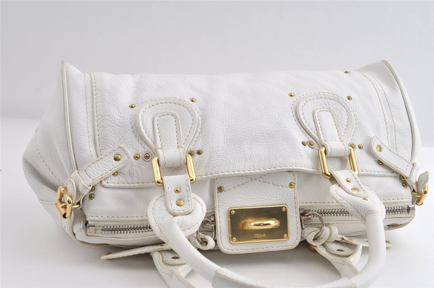 Authentic Chloe Vintage Paddington Leather Shoulder Hand Bag White 9259I