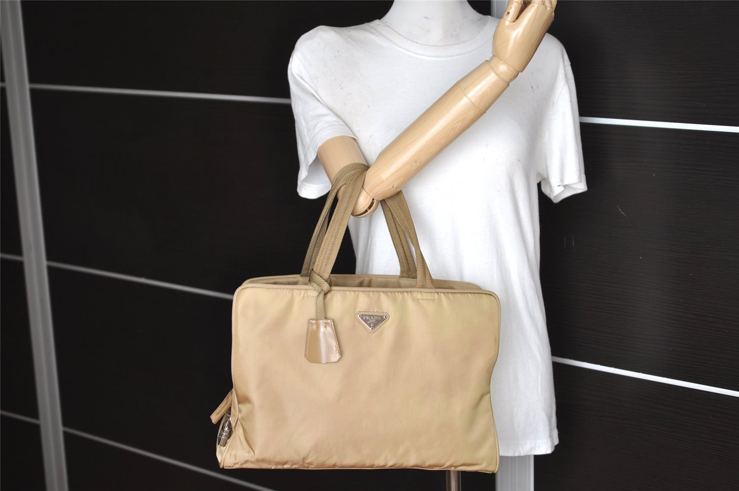 Authentic PRADA Nylon Leather Tessuto Sport Shoulder Hand Bag B8496 Beige 9261J