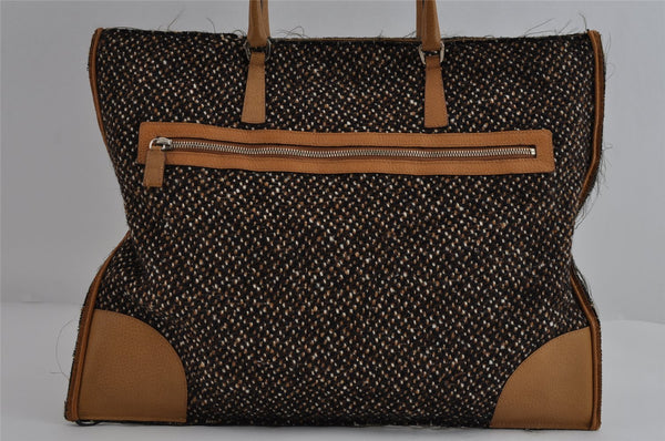 Authentic PRADA Vintage Tweed Leather Shoulder Tote Bag Brown 9266I