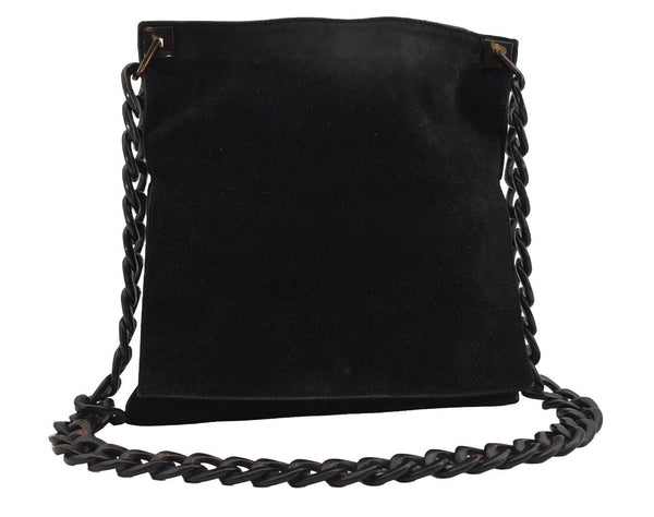Authentic GUCCI Wood Chain Shoulder Cross Bag Purse Suede Leather Black 9268J