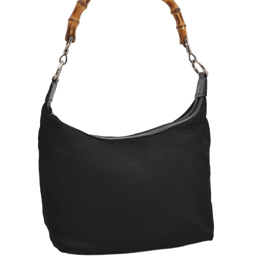 Authentic GUCCI Bamboo Shoulder Hand Bag Purse Nylon Leather Black 9269I