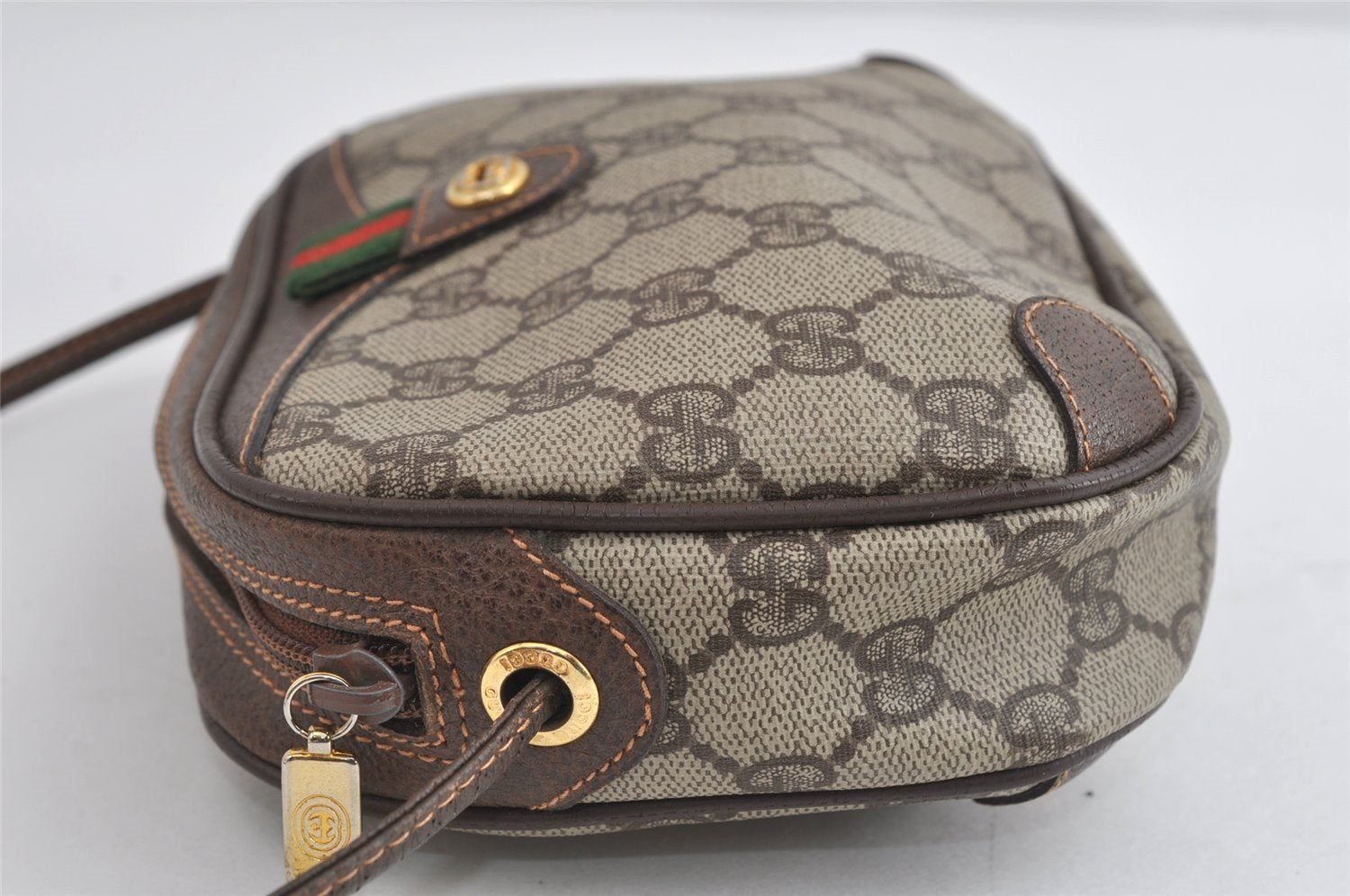 Authentic GUCCI Web Sherry Line Shoulder Bag GG PVC Leather Brown Junk 9271I