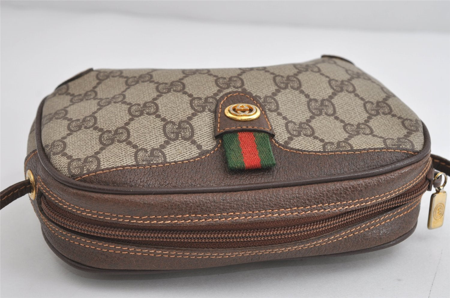 Authentic GUCCI Web Sherry Line Shoulder Bag GG PVC Leather Brown Junk 9271I