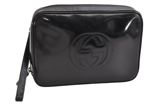 Authentic GUCCI Interlocking G Clutch Hand Bag Purse Enamel Black Junk 9272J