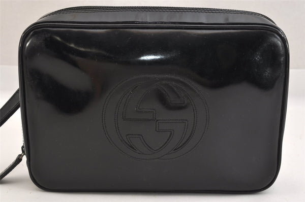 Authentic GUCCI Interlocking G Clutch Hand Bag Purse Enamel Black Junk 9272J