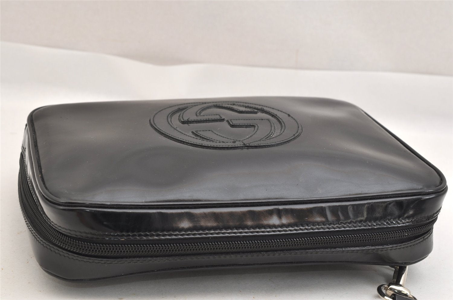 Authentic GUCCI Interlocking G Clutch Hand Bag Purse Enamel Black Junk 9272J