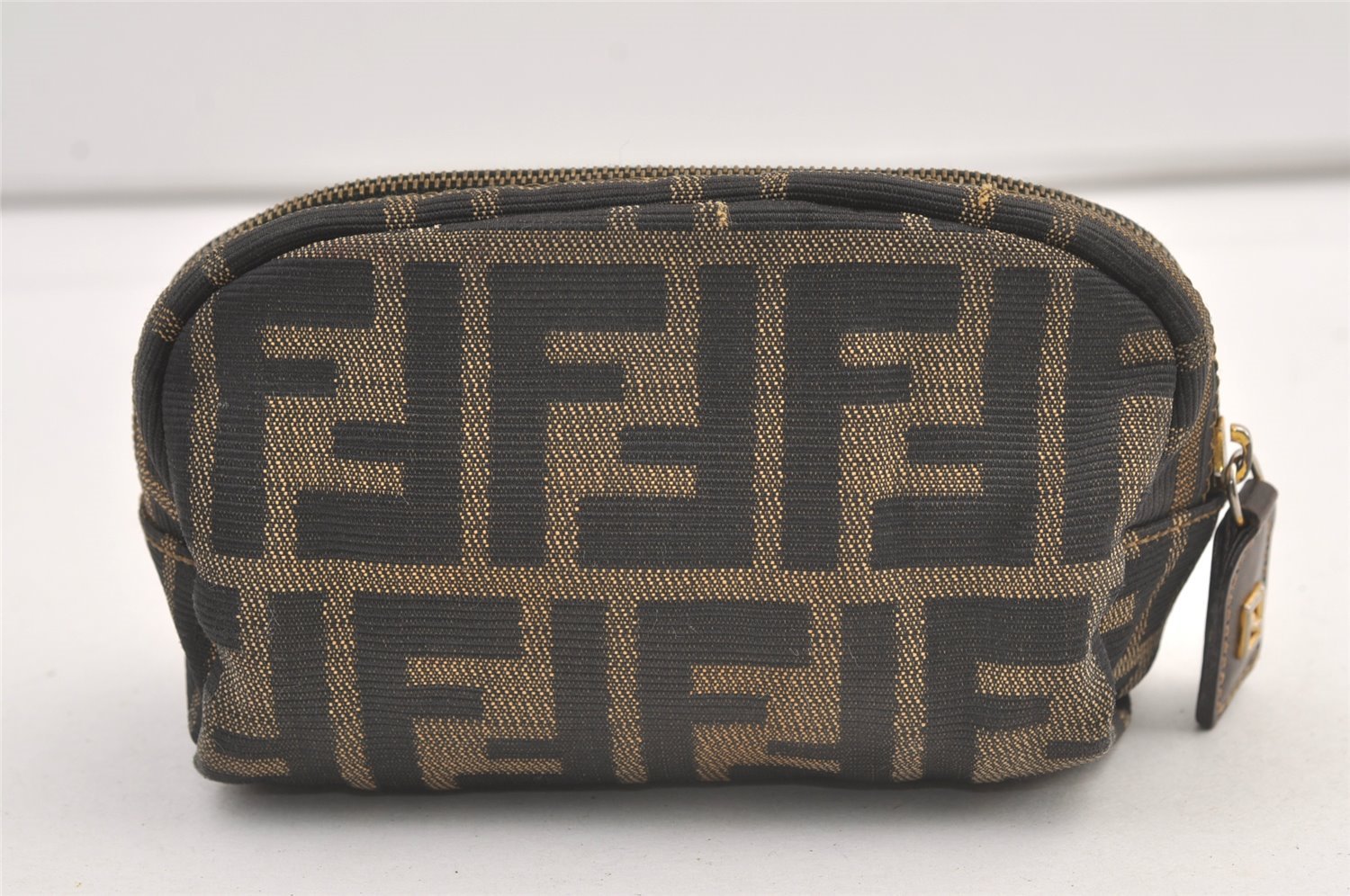 Authentic FENDI Vintage Zucca Pouch Purse Canvas Leather Brown 9274J