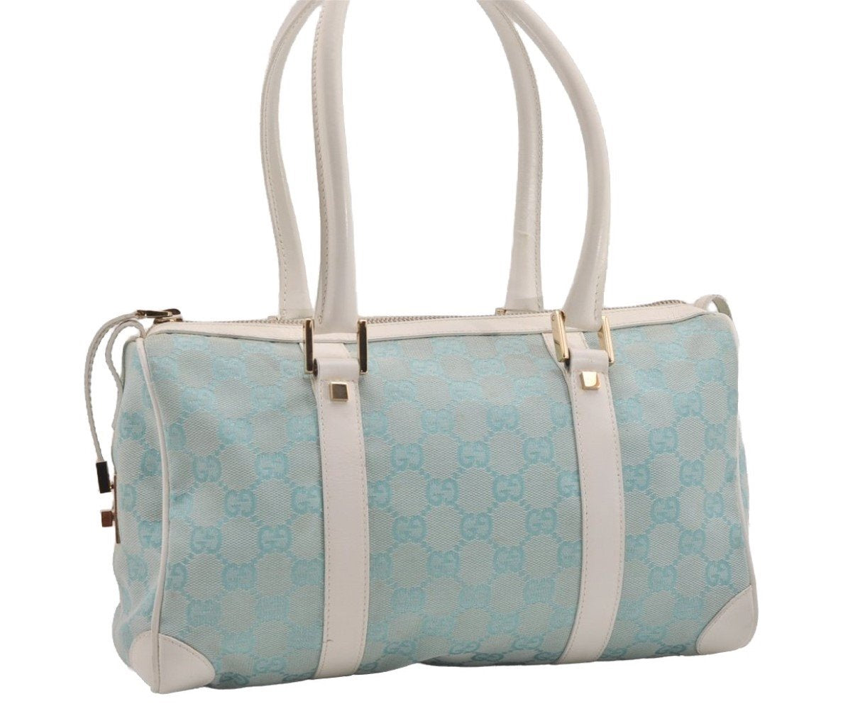 Authentic GUCCI Hand Boston Bag Purse GG Canvas Leather 0000851 Light Blue 9275I