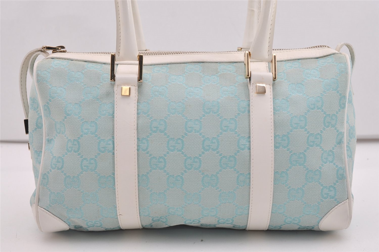 Authentic GUCCI Hand Boston Bag Purse GG Canvas Leather 0000851 Light Blue 9275I