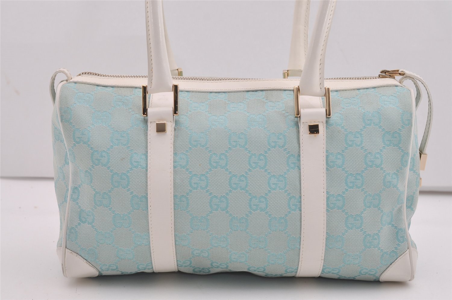Authentic GUCCI Hand Boston Bag Purse GG Canvas Leather 0000851 Light Blue 9275I