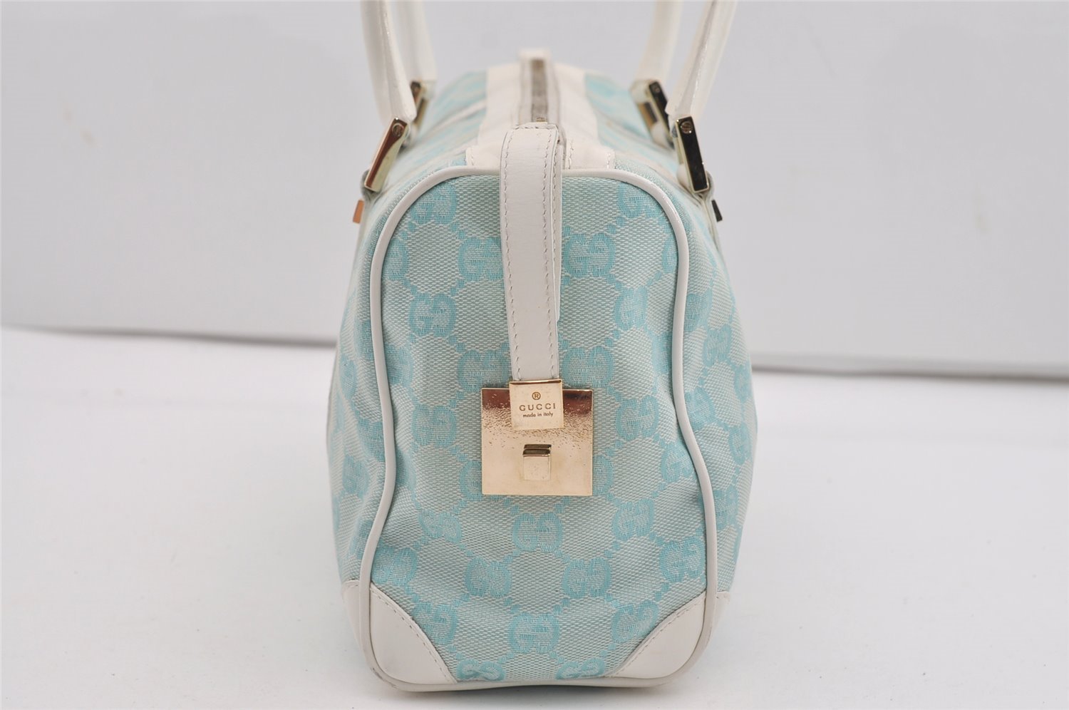 Authentic GUCCI Hand Boston Bag Purse GG Canvas Leather 0000851 Light Blue 9275I