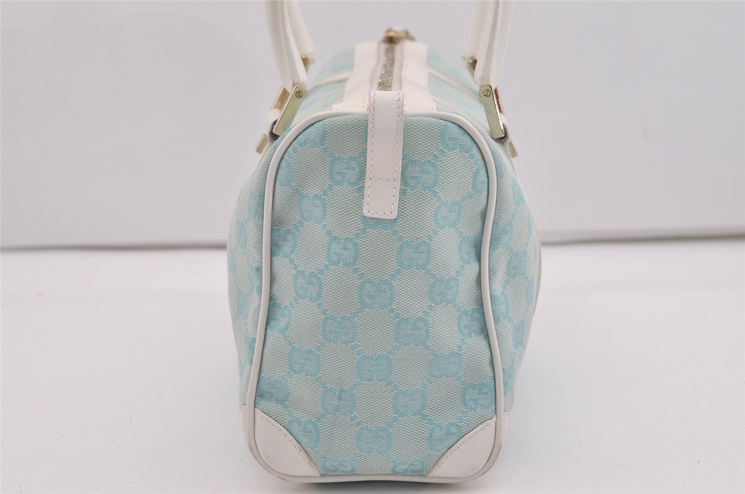 Authentic GUCCI Hand Boston Bag Purse GG Canvas Leather 0000851 Light Blue 9275I