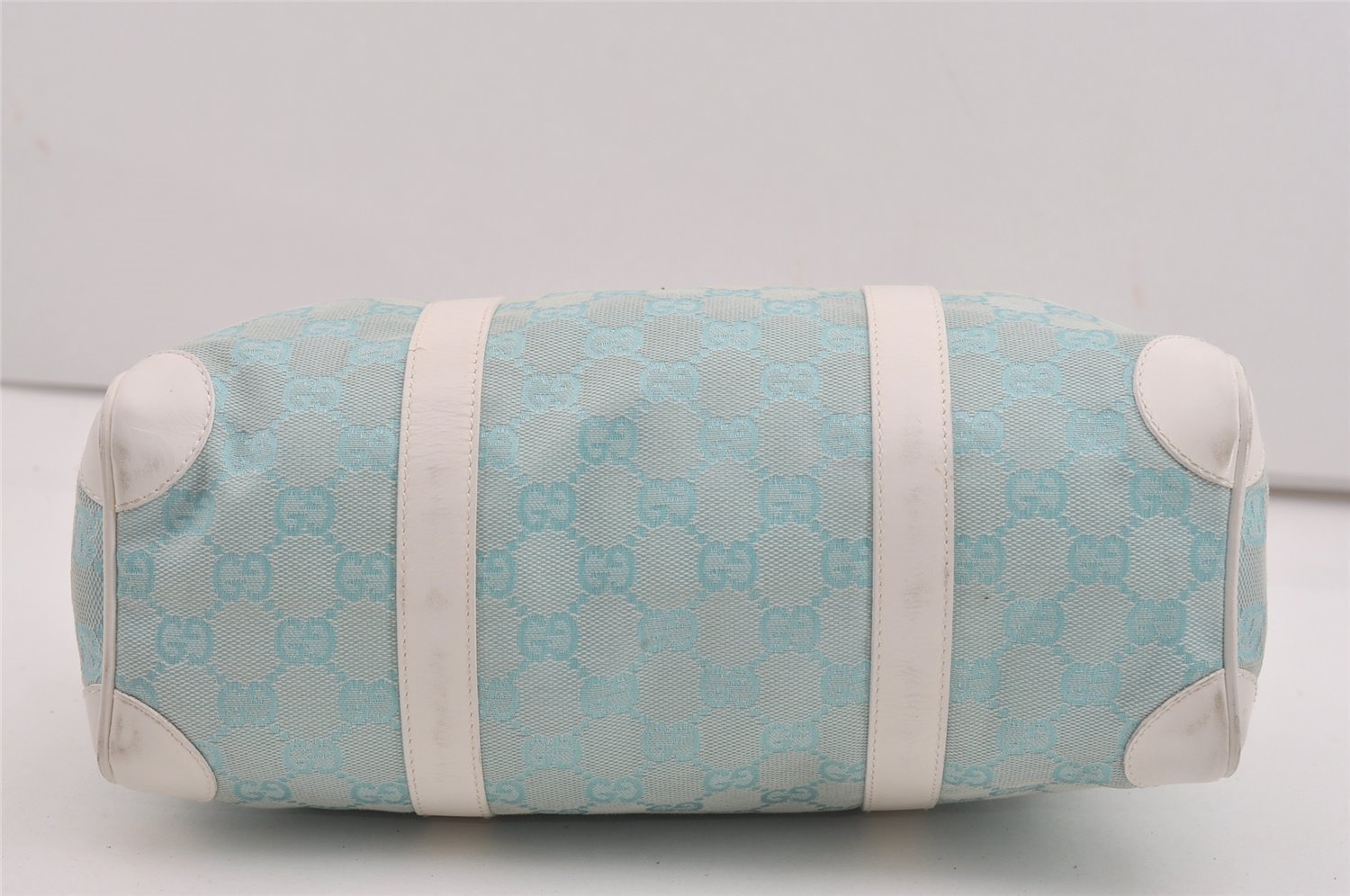 Authentic GUCCI Hand Boston Bag Purse GG Canvas Leather 0000851 Light Blue 9275I