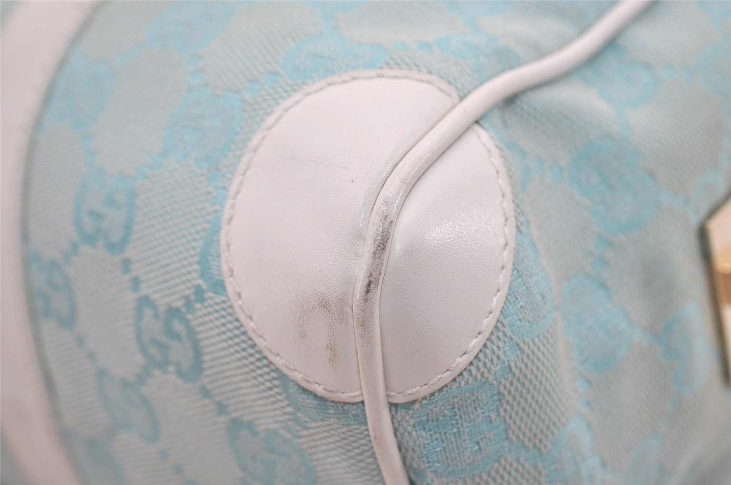 Authentic GUCCI Hand Boston Bag Purse GG Canvas Leather 0000851 Light Blue 9275I