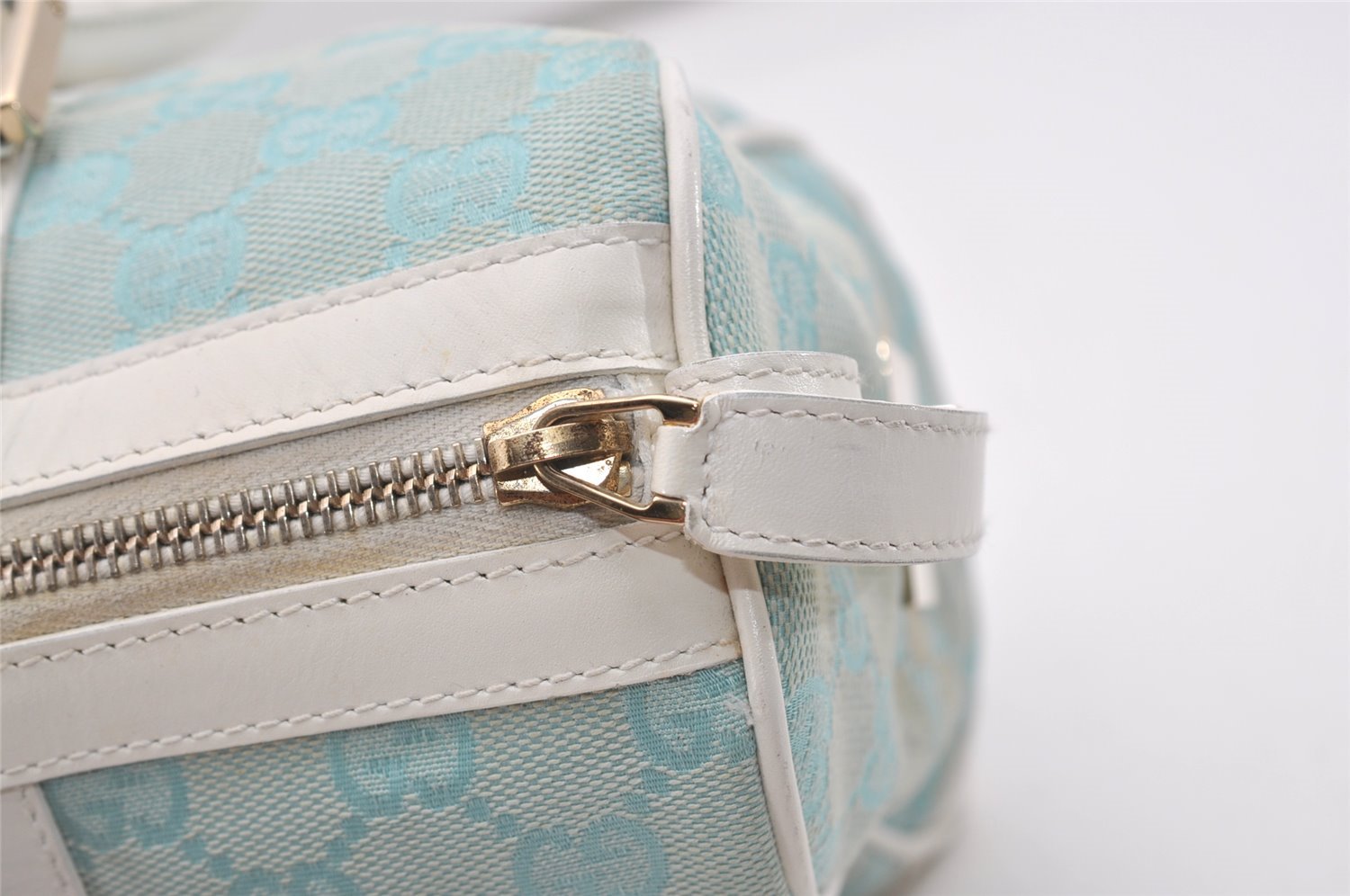 Authentic GUCCI Hand Boston Bag Purse GG Canvas Leather 0000851 Light Blue 9275I