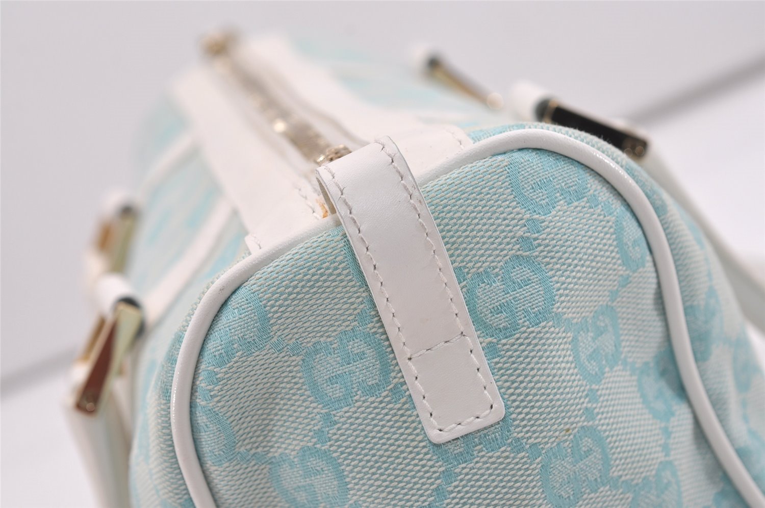 Authentic GUCCI Hand Boston Bag Purse GG Canvas Leather 0000851 Light Blue 9275I