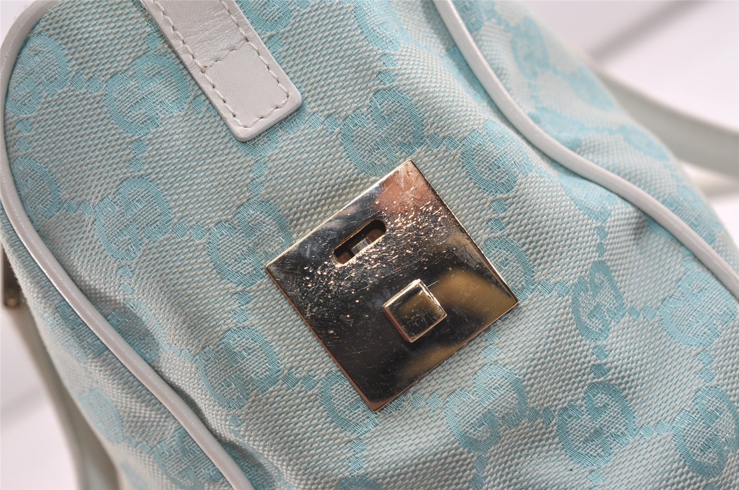 Authentic GUCCI Hand Boston Bag Purse GG Canvas Leather 0000851 Light Blue 9275I