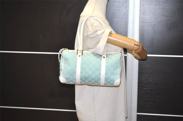 Authentic GUCCI Hand Boston Bag Purse GG Canvas Leather 0000851 Light Blue 9275I