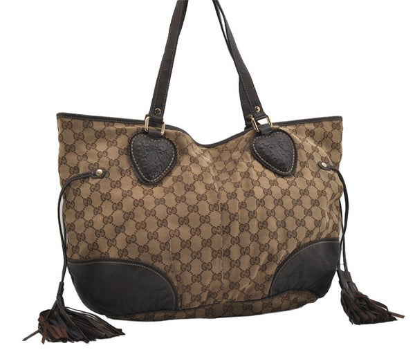 Authentic GUCCI Tribeca Tassel Tote Bag GG Canvas Leather 211954 Brown 9276I