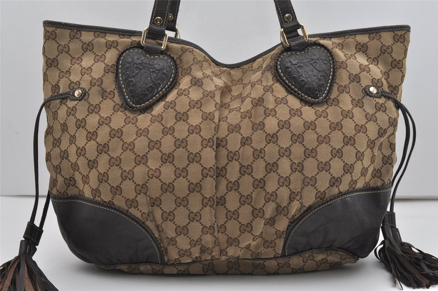 Authentic GUCCI Tribeca Tassel Tote Bag GG Canvas Leather 211954 Brown 9276I