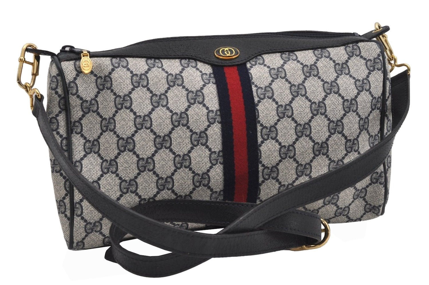 Authentic GUCCI Sherry Line Shoulder Cross Bag GG PVC Leather Navy Junk 9277I