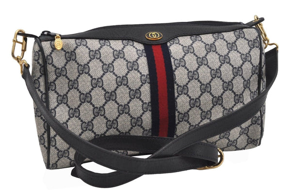Authentic GUCCI Sherry Line Shoulder Cross Bag GG PVC Leather Navy Junk 9277I