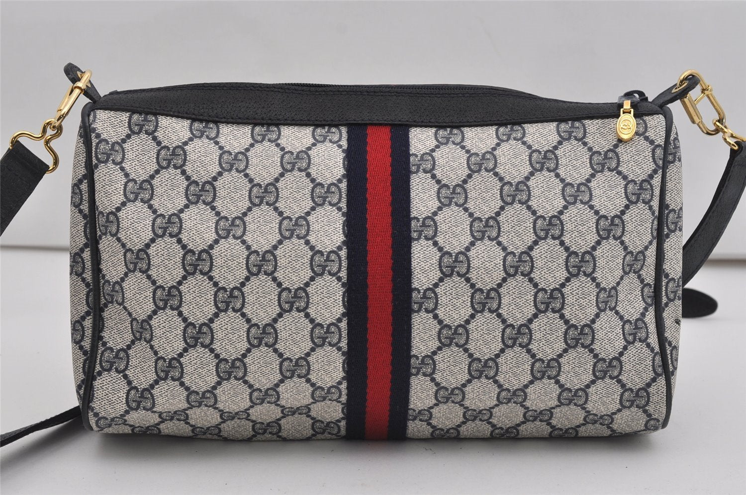 Authentic GUCCI Sherry Line Shoulder Cross Bag GG PVC Leather Navy Junk 9277I