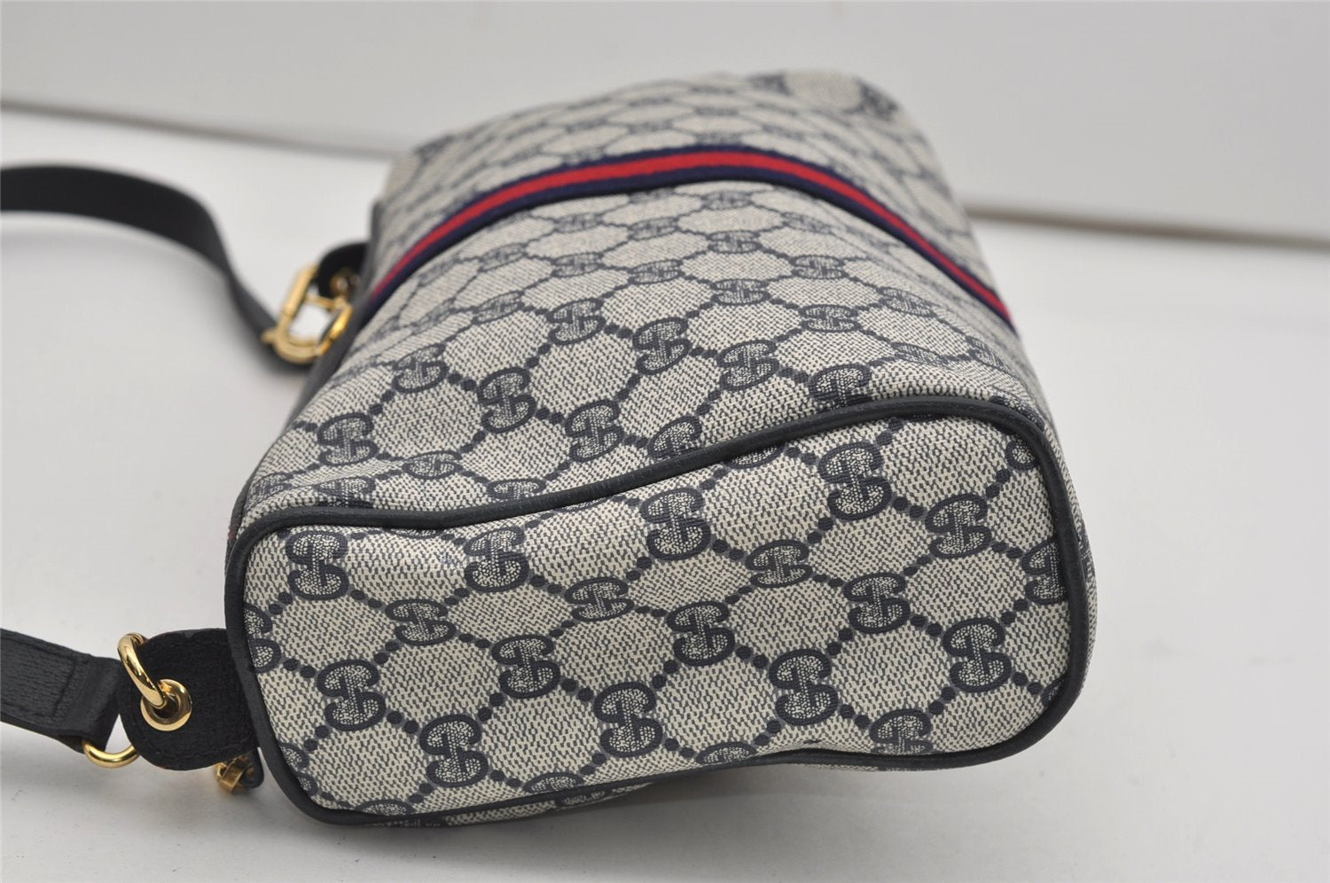 Authentic GUCCI Sherry Line Shoulder Cross Bag GG PVC Leather Navy Junk 9277I