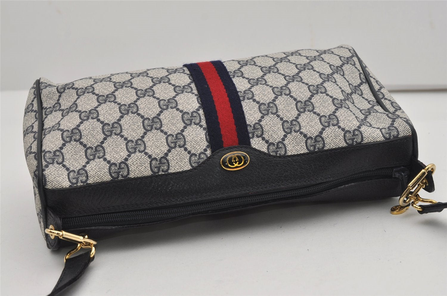 Authentic GUCCI Sherry Line Shoulder Cross Bag GG PVC Leather Navy Junk 9277I