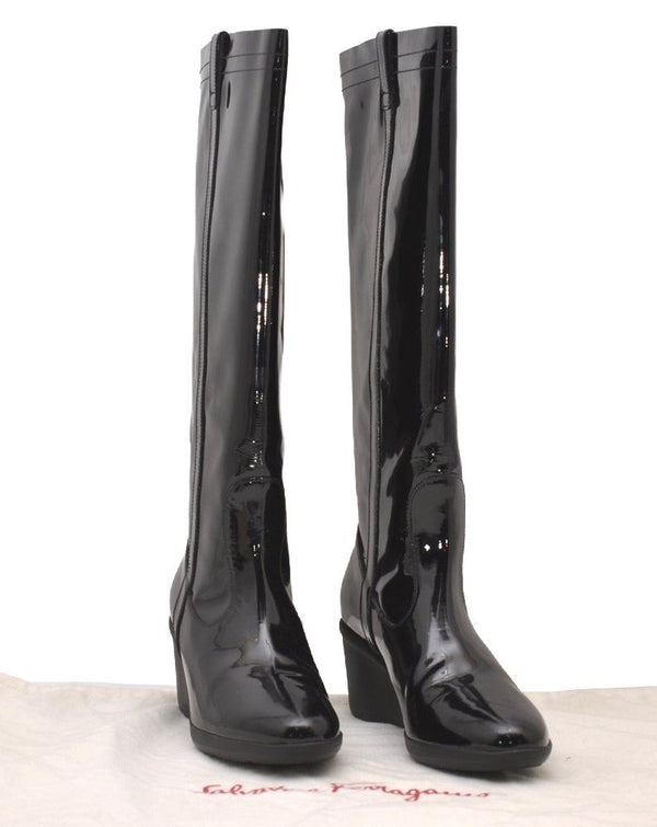 Authentic Salvatore Ferragamo Long Boots Enamel Size US 6.5 Black 9293I