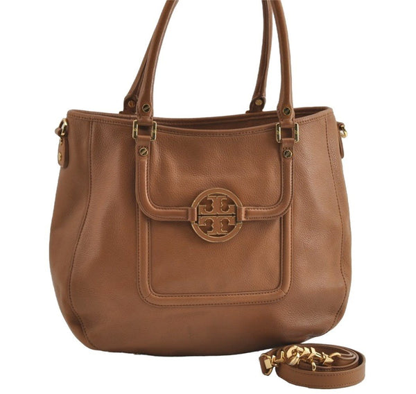 Authentic TORY BURCH Amanda Leather 2Way Shoulder Tote Bag Brown 9294I