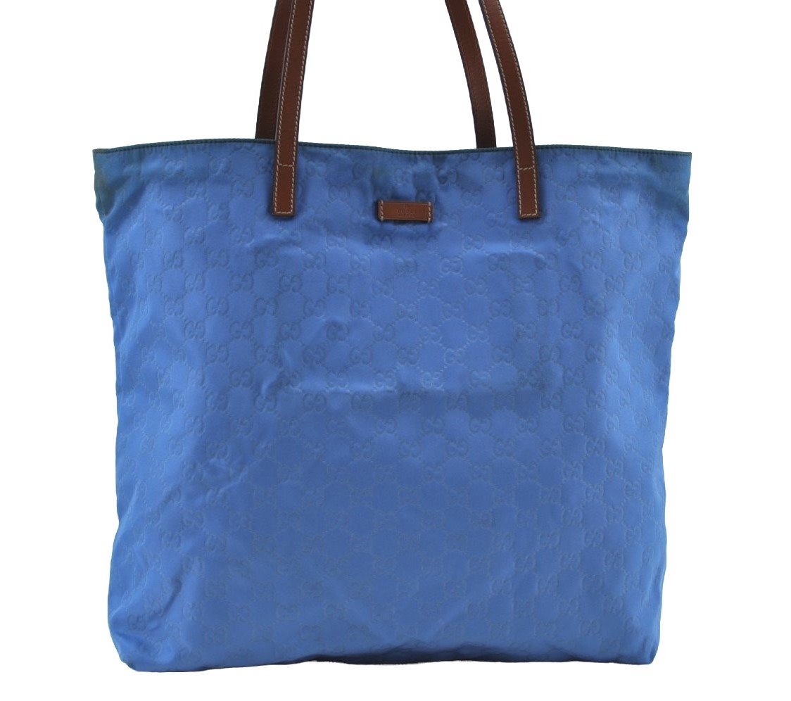 Authentic GUCCI Vintage Shoulder Tote Bag GG Nylon Leather 295252 Blue 9295H